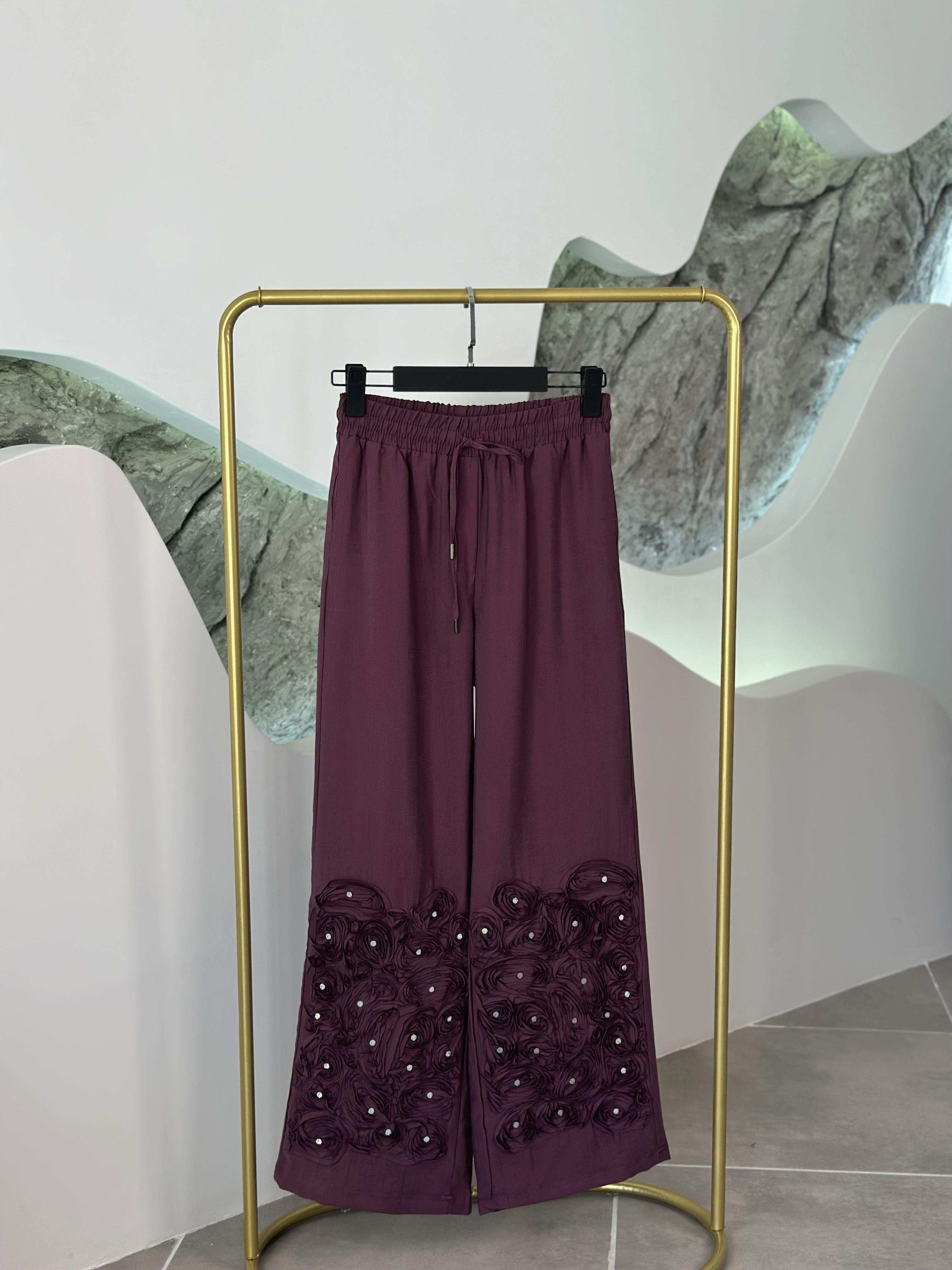 Premium Gül İşlemeli Mürdüm Renk Kadın Pantolon