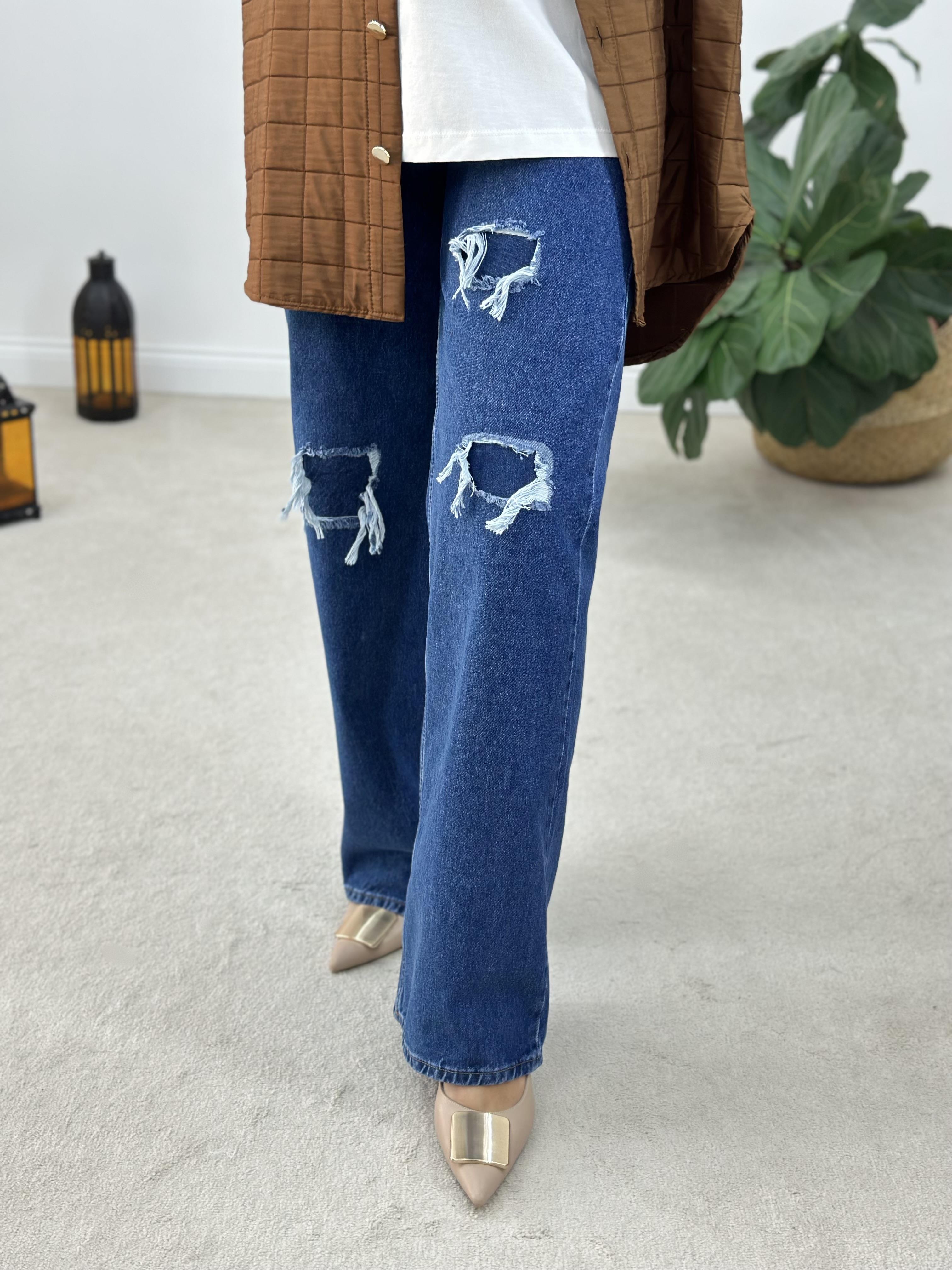Premium Kalite Yüksek Bel Yırtık Detaylı İçi Destekli Jean Pantolon 