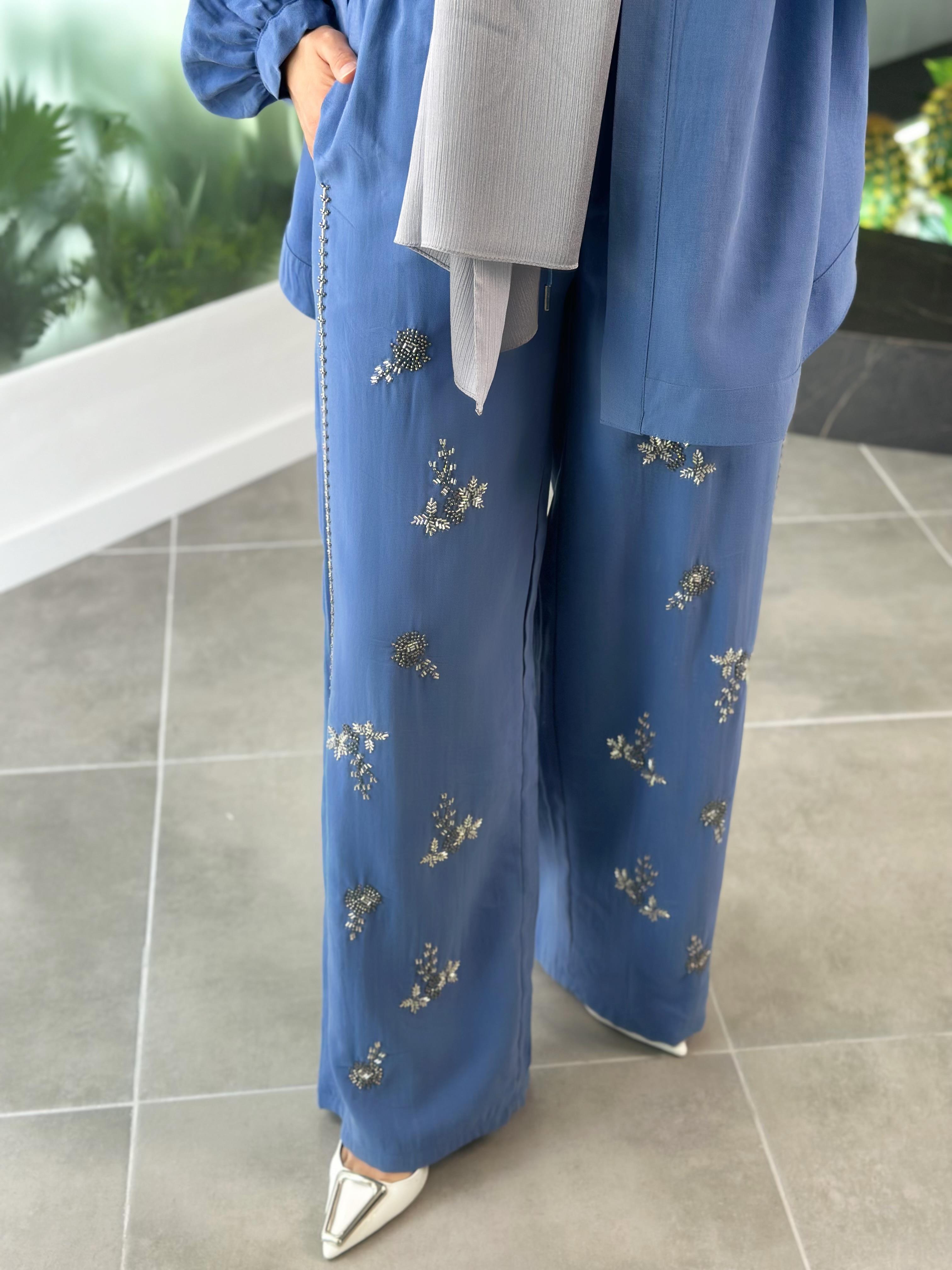 Premium Taş İşlemeli İndigo Renk Kadın Pantolon