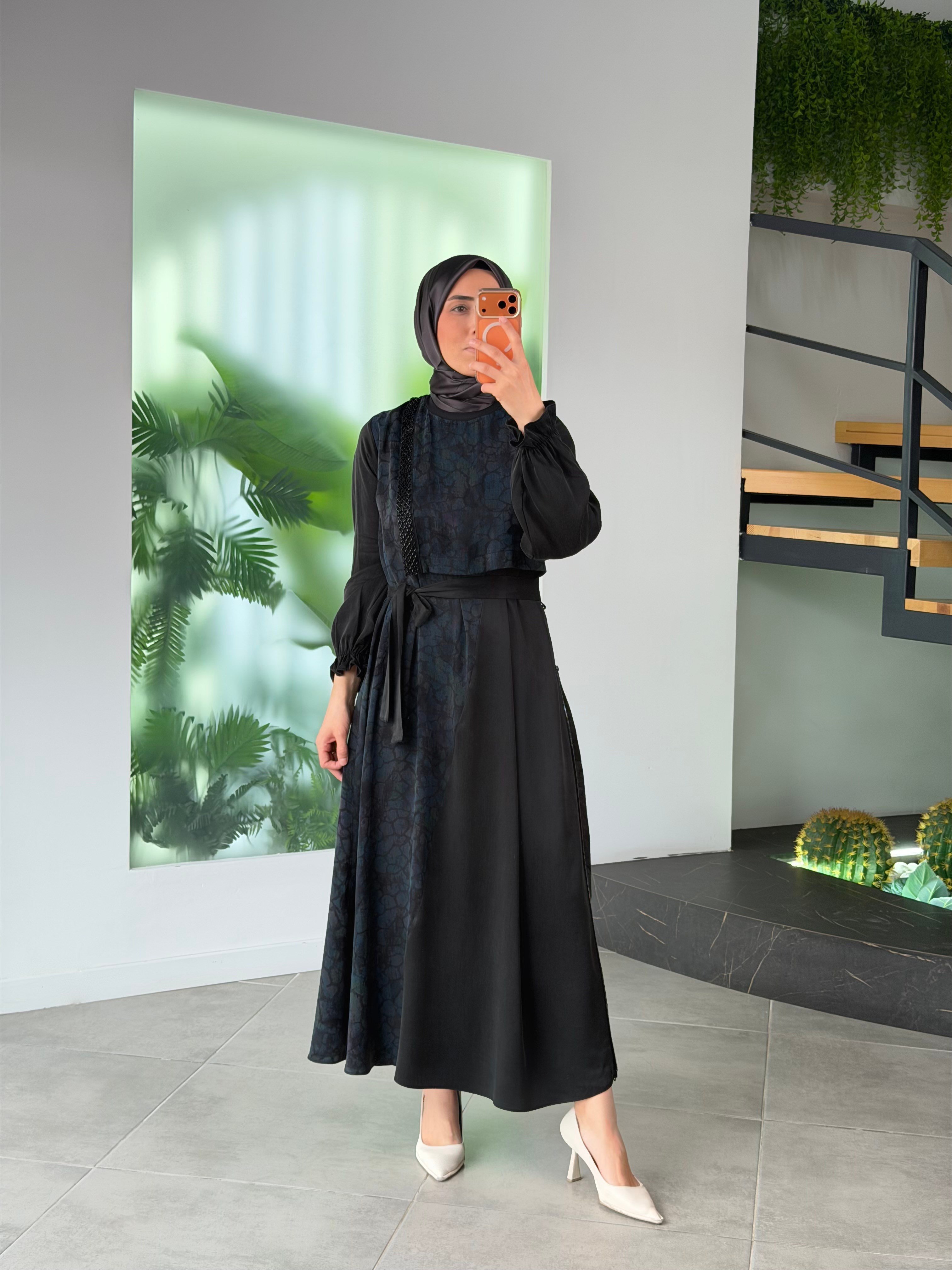 Renkli Kumaş Garnili Renk Cupra Kumaş  Elbise