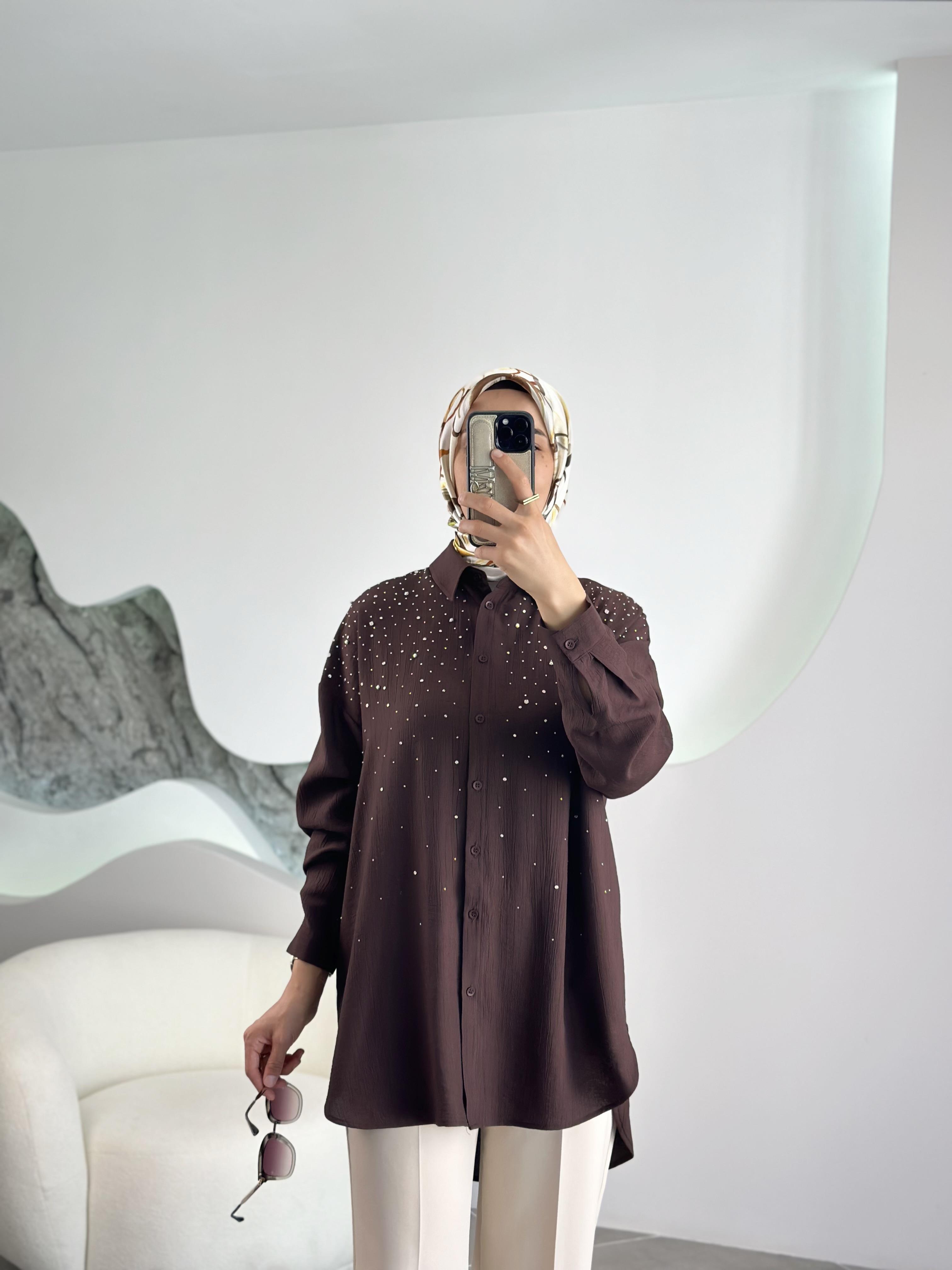Serpme Taşlı Kahve Renk Oversize Kadın Gömlek