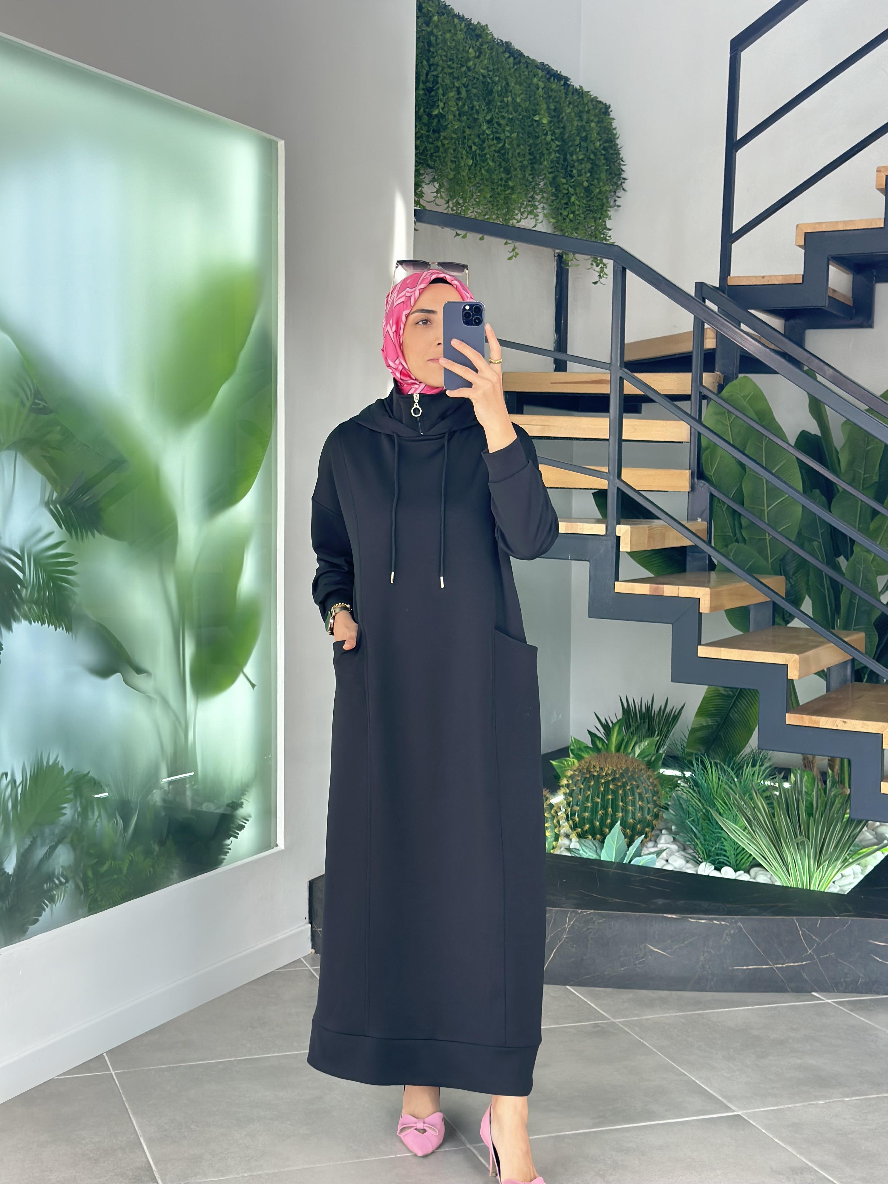 Siyah Renk Oysho Kumaşlı Kapüşonlu Rahat  Elbise