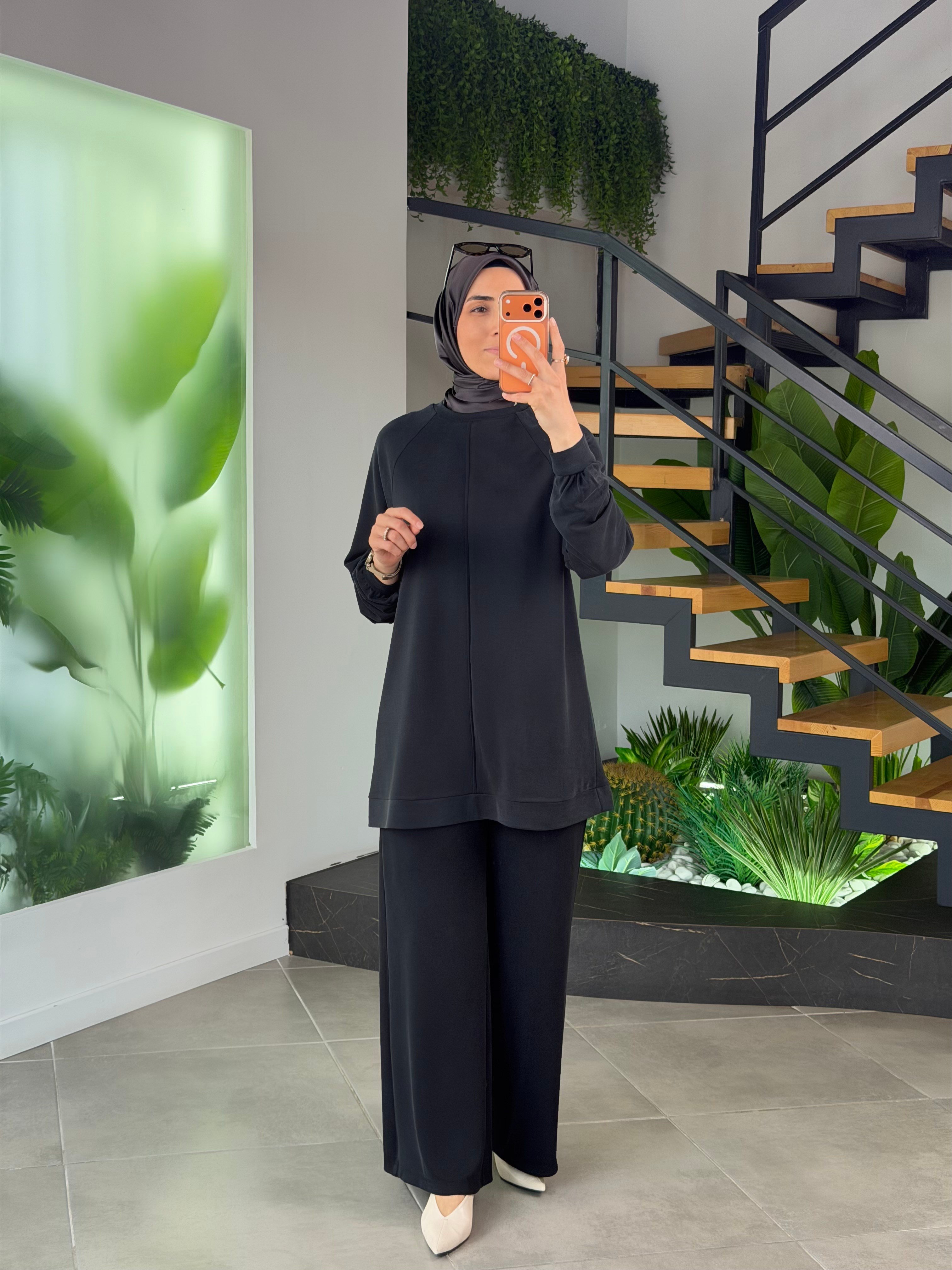 Siyah Renk Reglan Kol Pike Kumaş Basic Takım