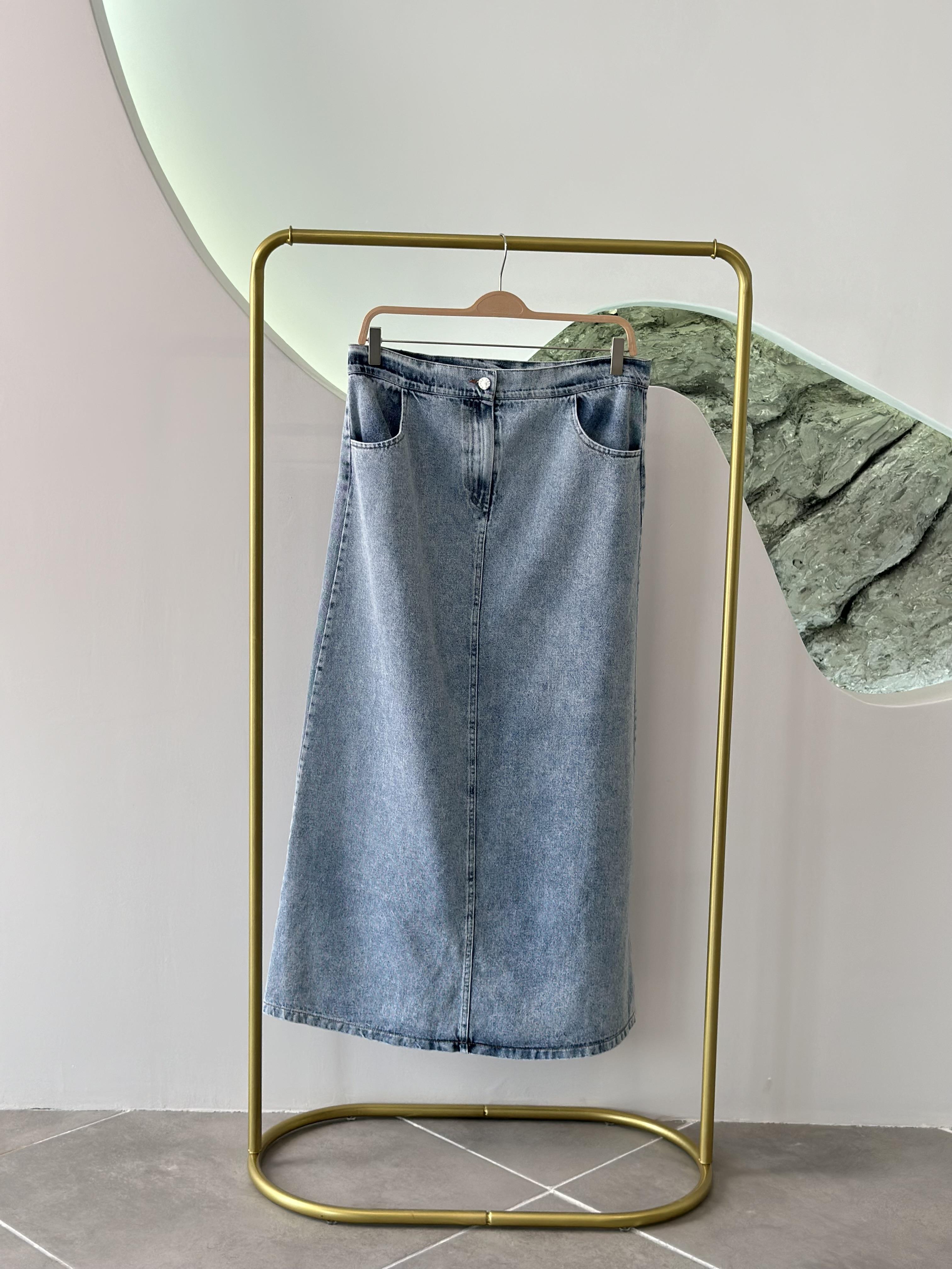 Spor Dikişli Açık Mavi Renk Kadın Denim Etek