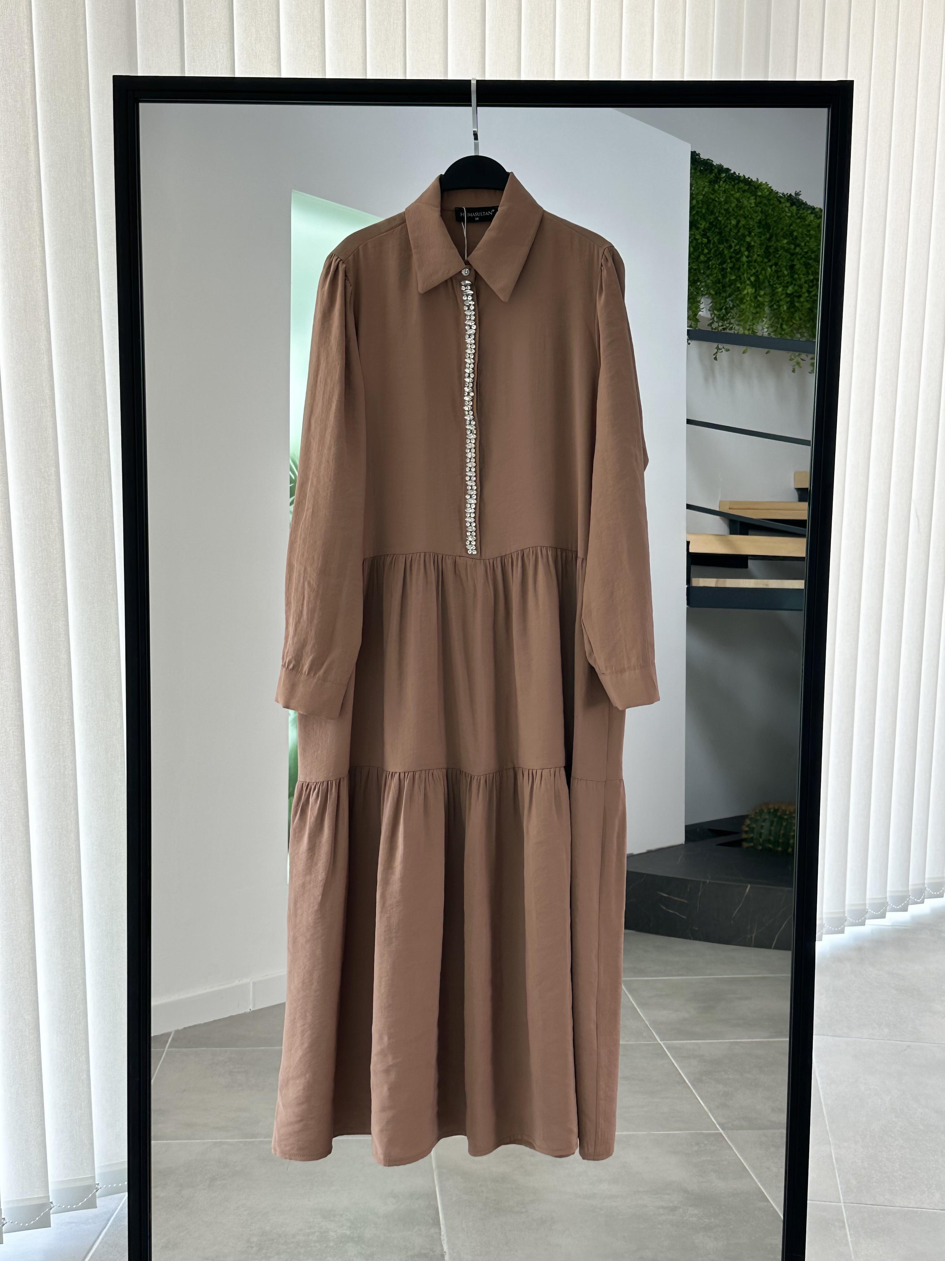 Taş Detaylı Parçalı Latte Renk Kadın  Elbise