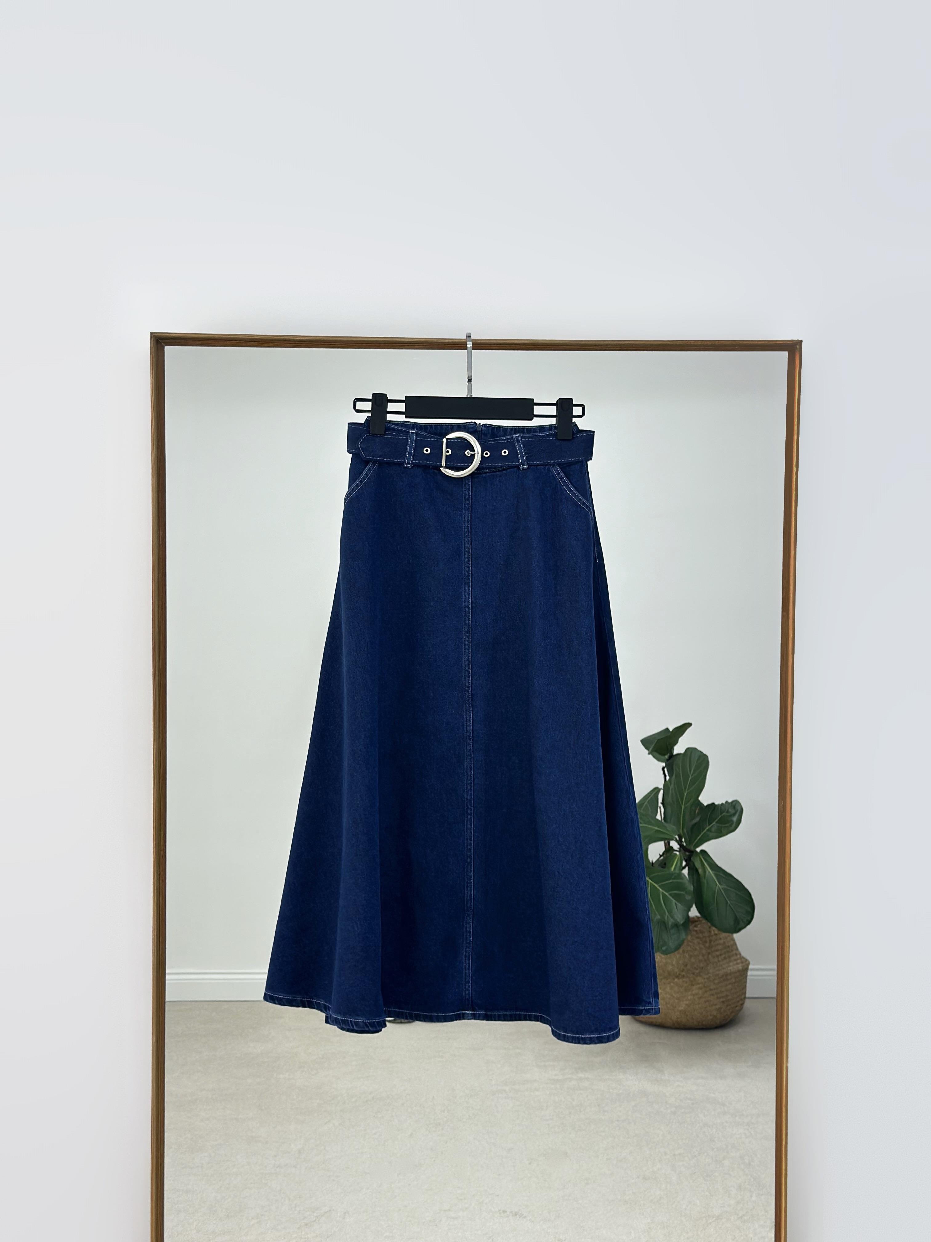 Yıkamalı Kumaş Beli Kemerli Kloş Denim Etek