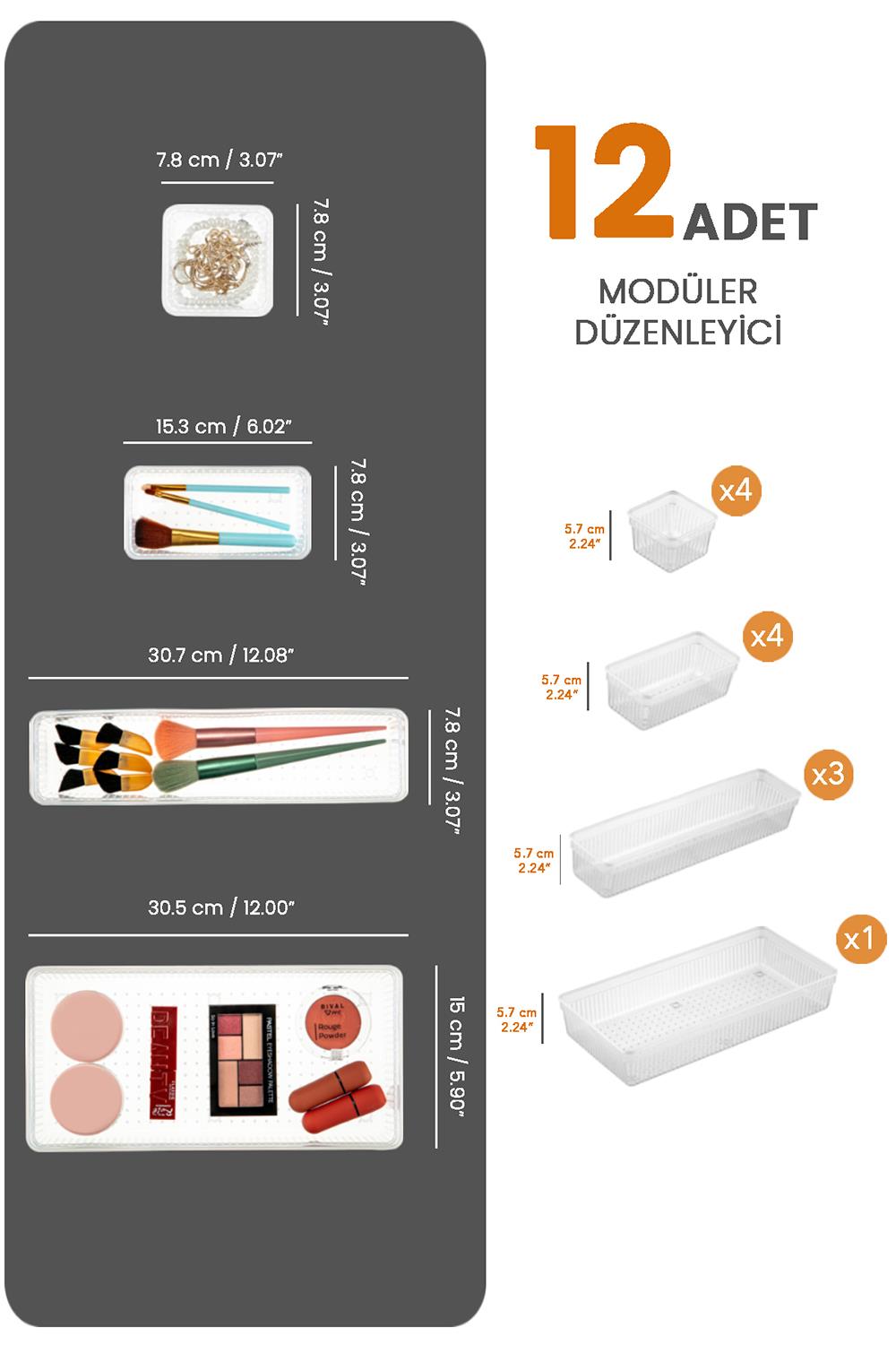 12li Dolap İçi Takı Makyaj Organizer - Çekmece İçi Düzenleyici Set Şeffaf