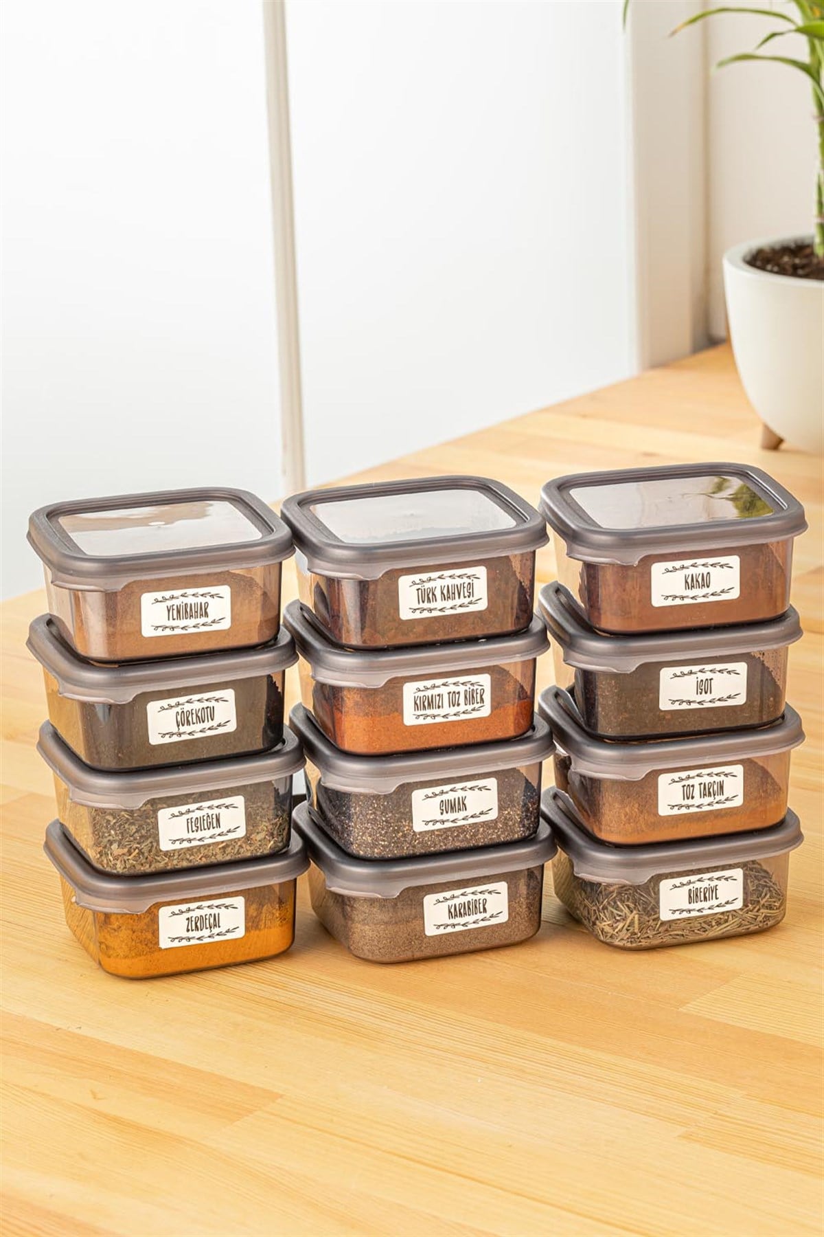 12li Etiketli Baharatlık Seti - Kapaklı Kare Baharat Takımı Saklama Kabı 300 ml
