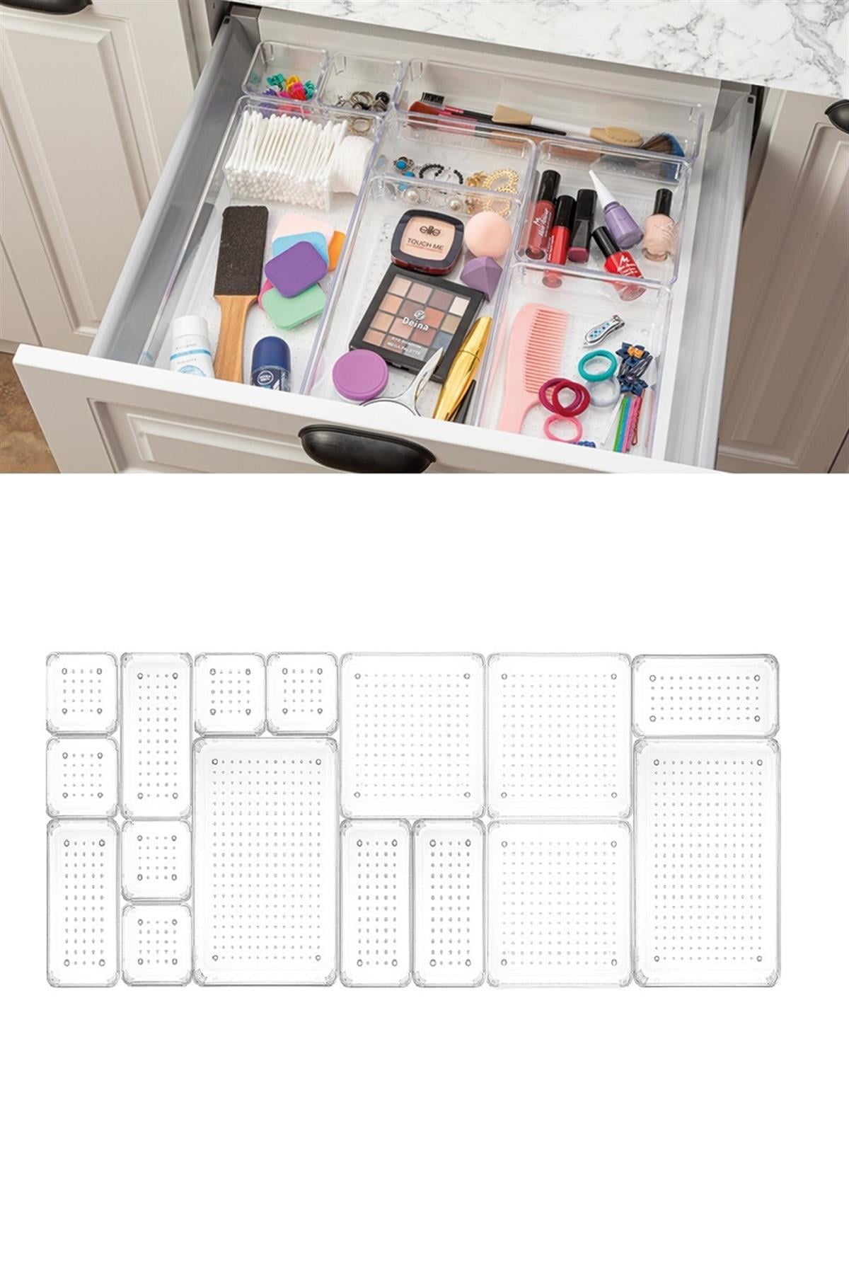 16lı Modüler Set Çekmece İçi Düzenleyici - Makyaj Takı Aksesuar Organizer - Dolap İçi Düzenleyici