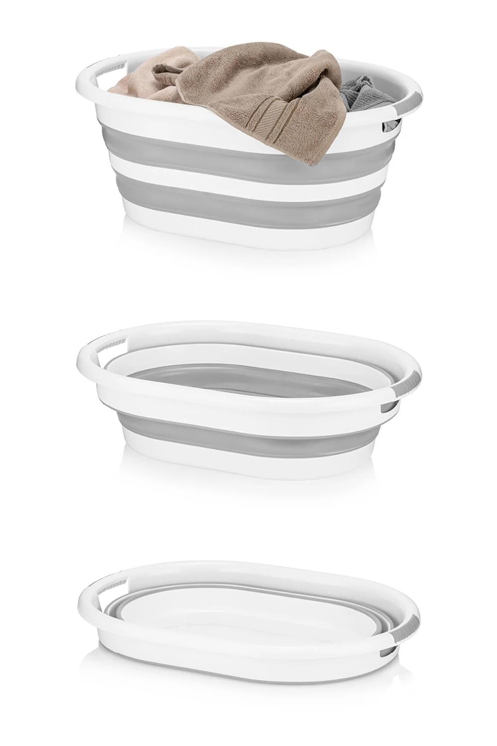 2 Gözlü Çamaşır Sepeti Çok Amaçlı Hurç Gri 53x33x60cm-25lt Katlanır Çamaşır Selesi 6lt Kova 3lü Set