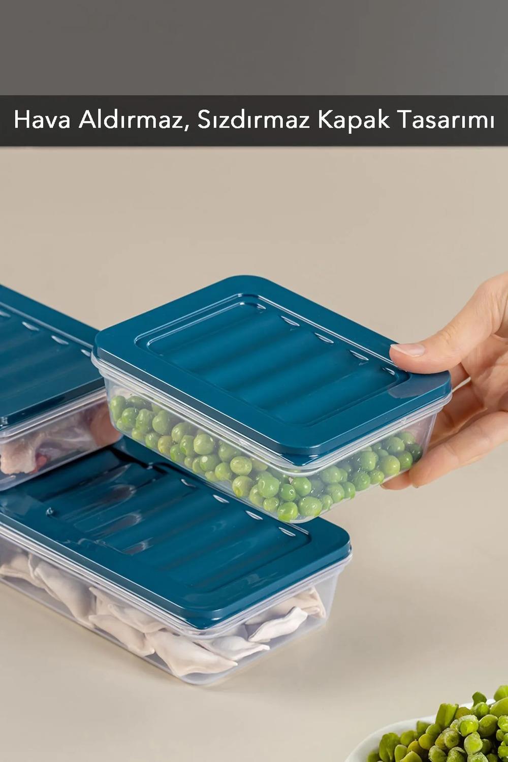 3lü Buzdolabı Organizer Mikrodalga Ve Difrize Uygun Saklama Kabı Petrol 1 X 1170ml - 2 X 600ml