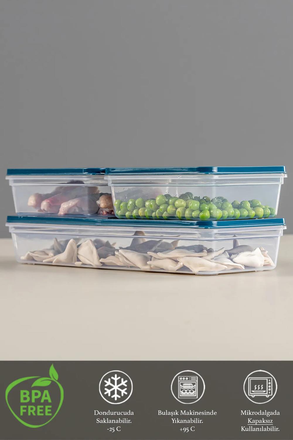 3lü Buzdolabı Organizer Mikrodalga Ve Difrize Uygun Saklama Kabı Petrol 1 X 1170ml - 2 X 600ml