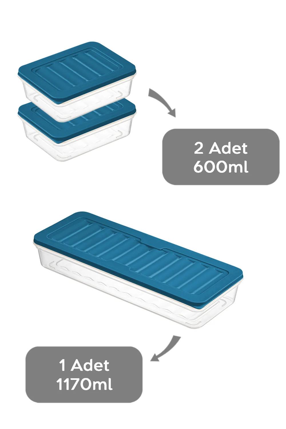 3lü Buzdolabı Organizer Mikrodalga Ve Difrize Uygun Saklama Kabı Petrol 1 X 1170ml - 2 X 600ml