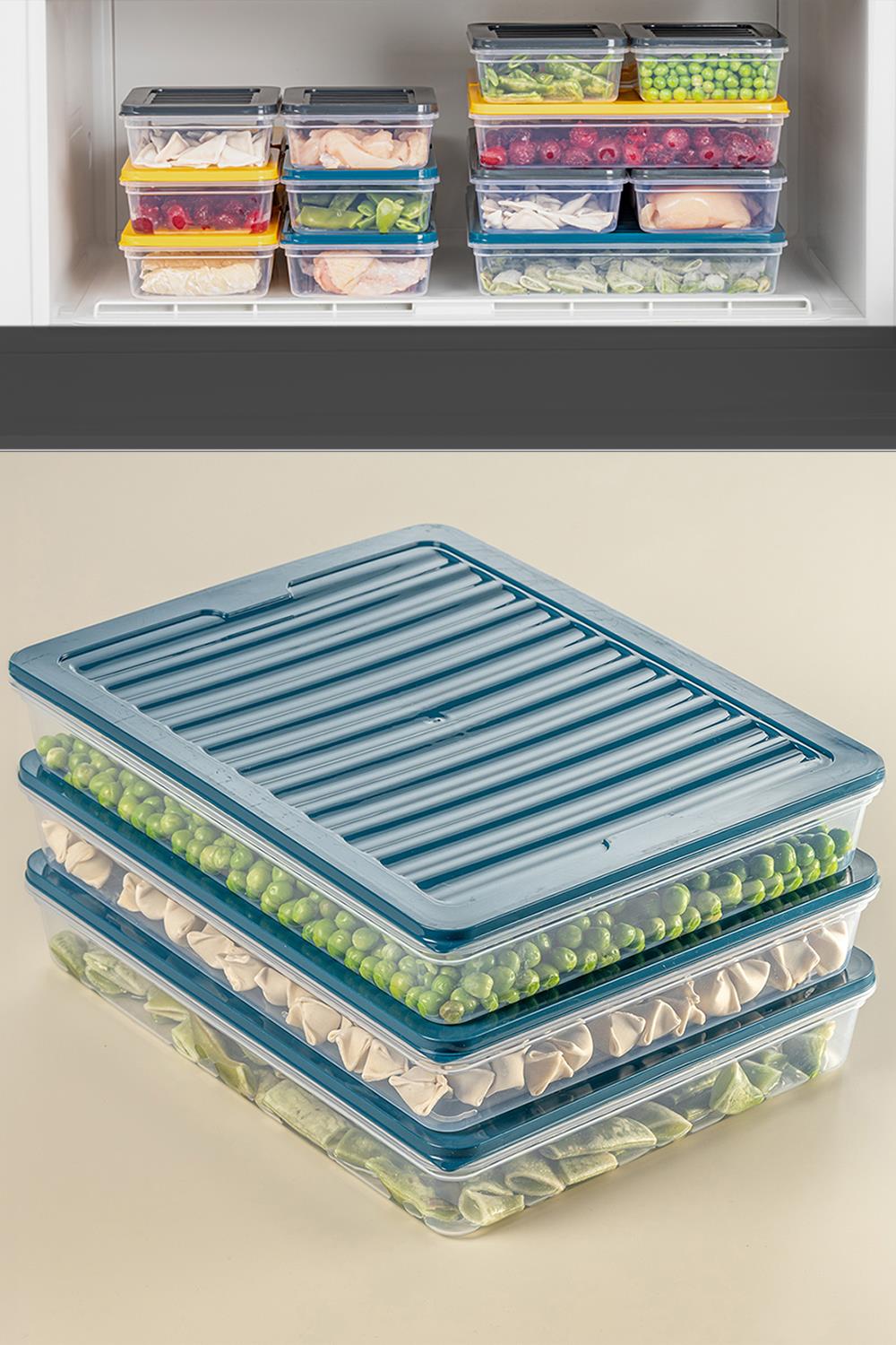 3lü Buzdolabı Organizer Mikrodalga Ve Difrize Uygun Saklama Kabı Petrol 3 X 2400ml