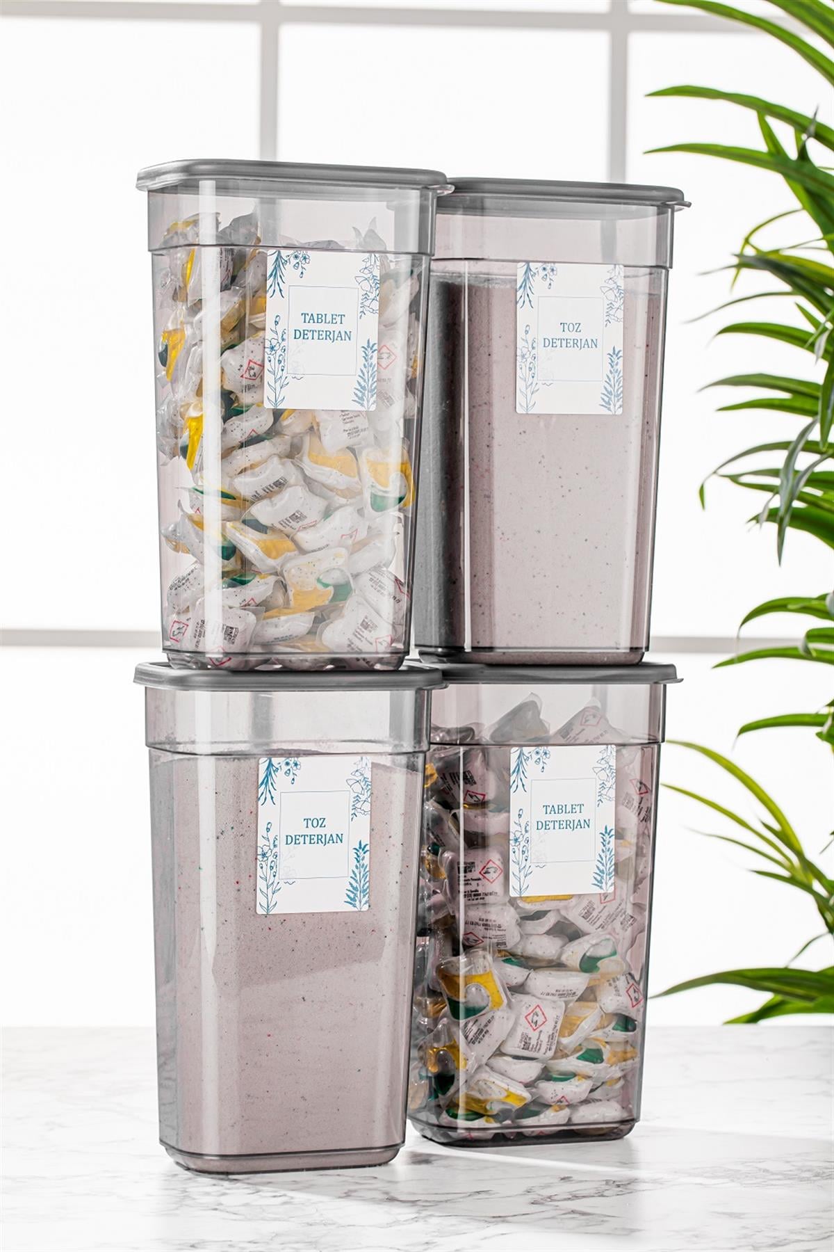 4 Adet Jumbo Etiketli Dikdörtgen Saklama Kabı - Tablet Deterjan Saklama Kutusu Seti 3200 ml