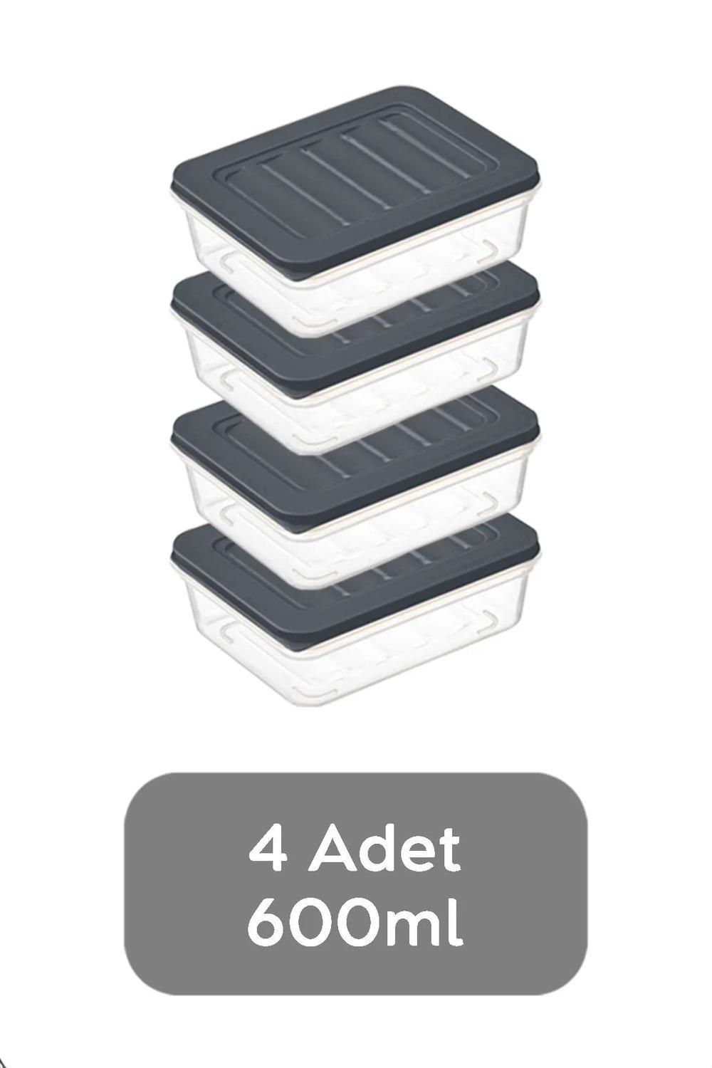 4lü Buzdolabı Organizer Mikrodalga Ve Difrize Uygun Saklama Kabı Antrasit 4 X 600 ml