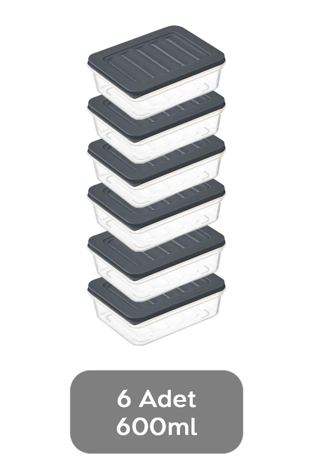 6lı Buzdolabı Organizer Mikrodalga Ve Difrize Uygun Saklama Kabı Antrasit 6 X 600 ml