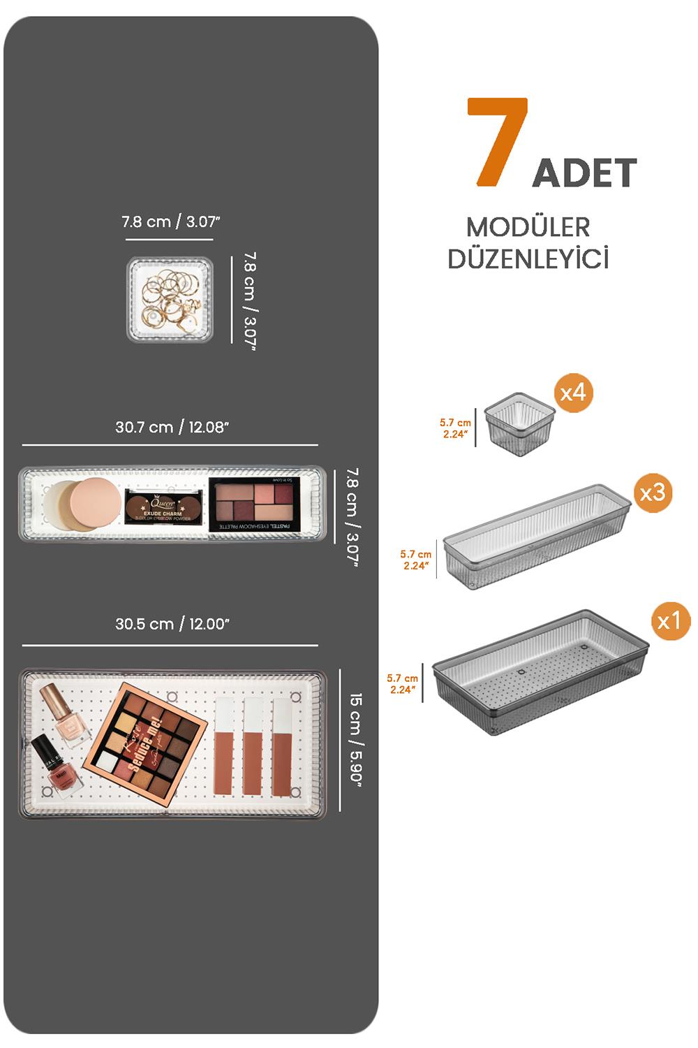 7 Parça Çekmece İçi Akseuar Düzenleyici Set - Modüler Makyaj Organizer Siyah