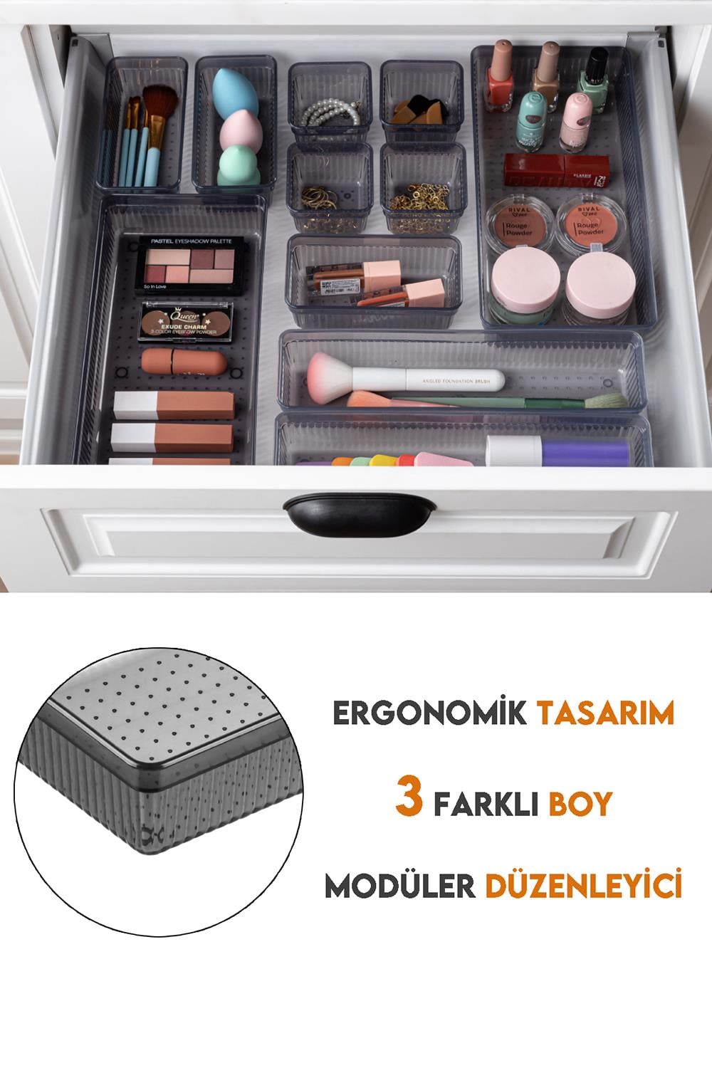 7 Parça Çekmece İçi Akseuar Düzenleyici Set - Modüler Makyaj Organizer Siyah