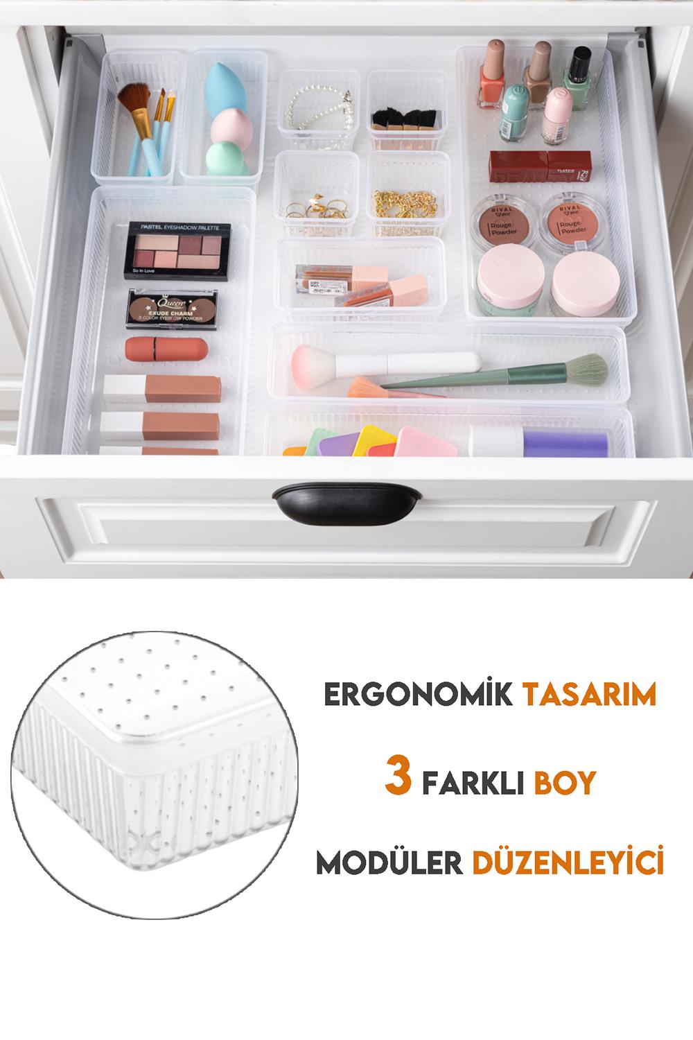 7 Parça Modüler Organizer Set - Kozmetik Aksesuar Düzenleyici Şeffaf