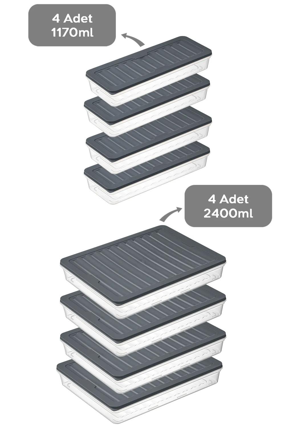 8li Saklama Kabı , Mikrodalga Uyumlu Erzak Saklama Kabı Antrasit 4x2400 Ml- 4x1170 ml