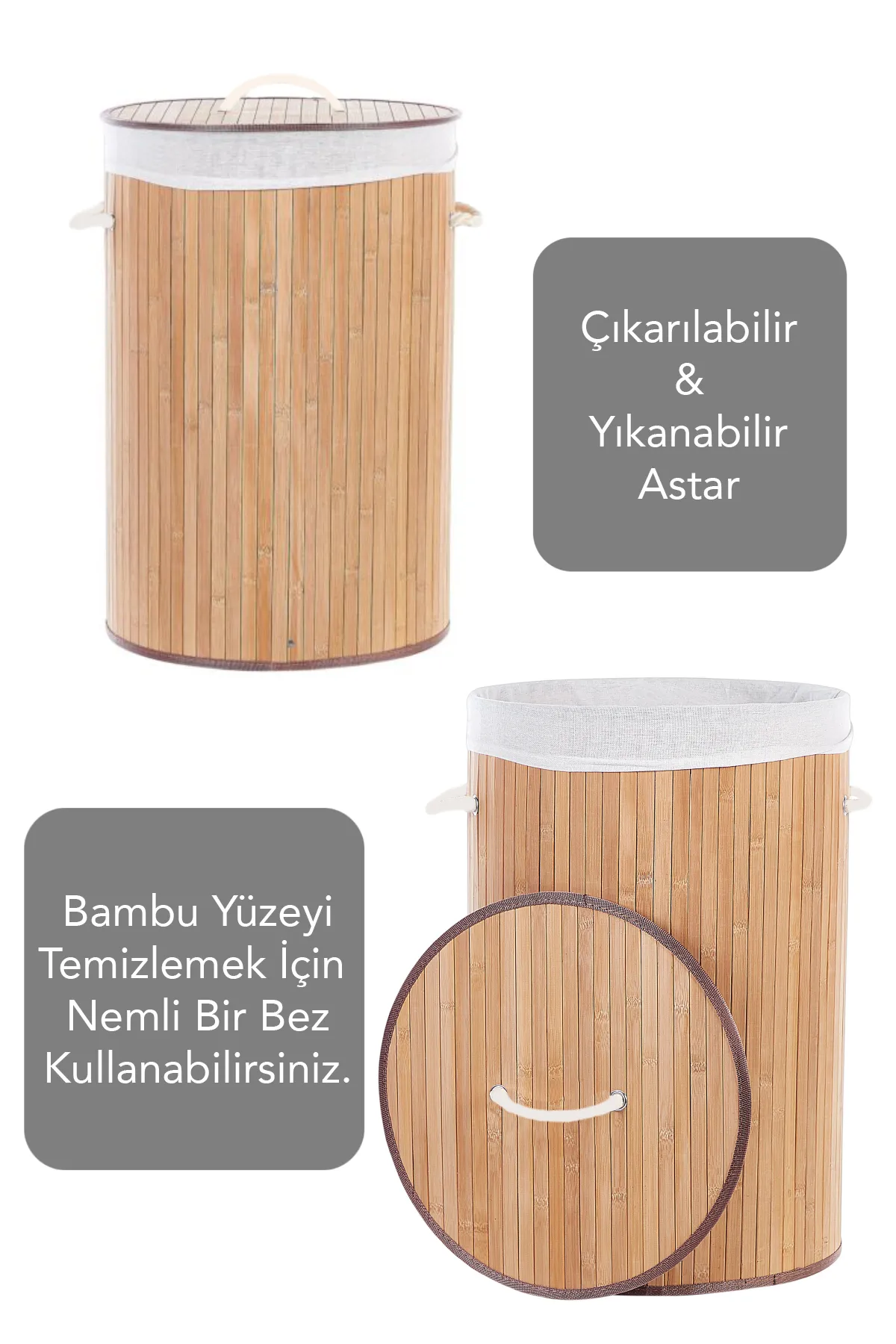 Naturel Yuvarlak Kirli Çamaşır Sepeti - Bambu Katlanabilir Çamaşır Sepeti Sele 35x50 cm 60 Lt Bej