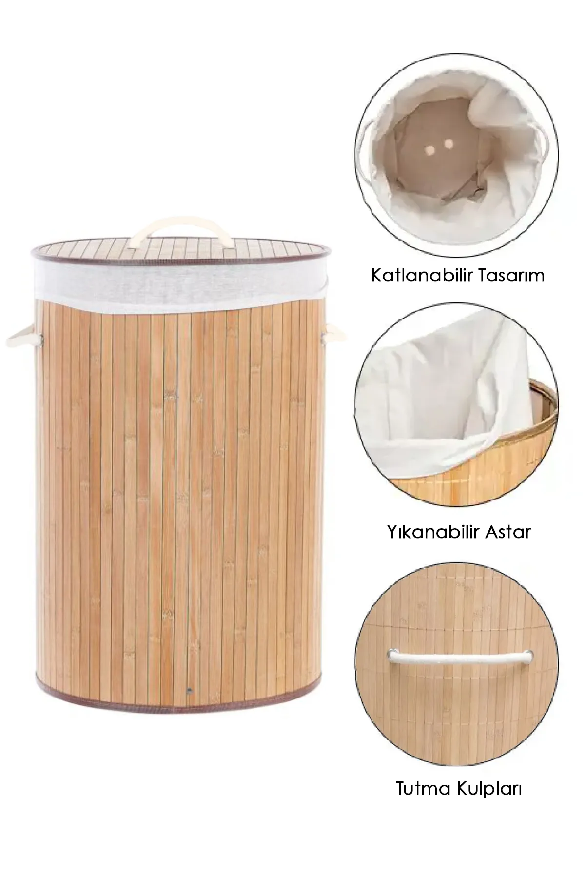 Naturel Yuvarlak Kirli Çamaşır Sepeti - Bambu Katlanabilir Çamaşır Sepeti Sele 35x50 cm 60 Lt Bej