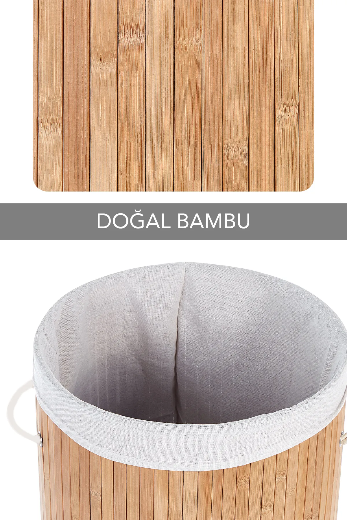 Naturel Yuvarlak Kirli Çamaşır Sepeti - Bambu Katlanabilir Çamaşır Sepeti Sele 35x50 cm 60 Lt Bej