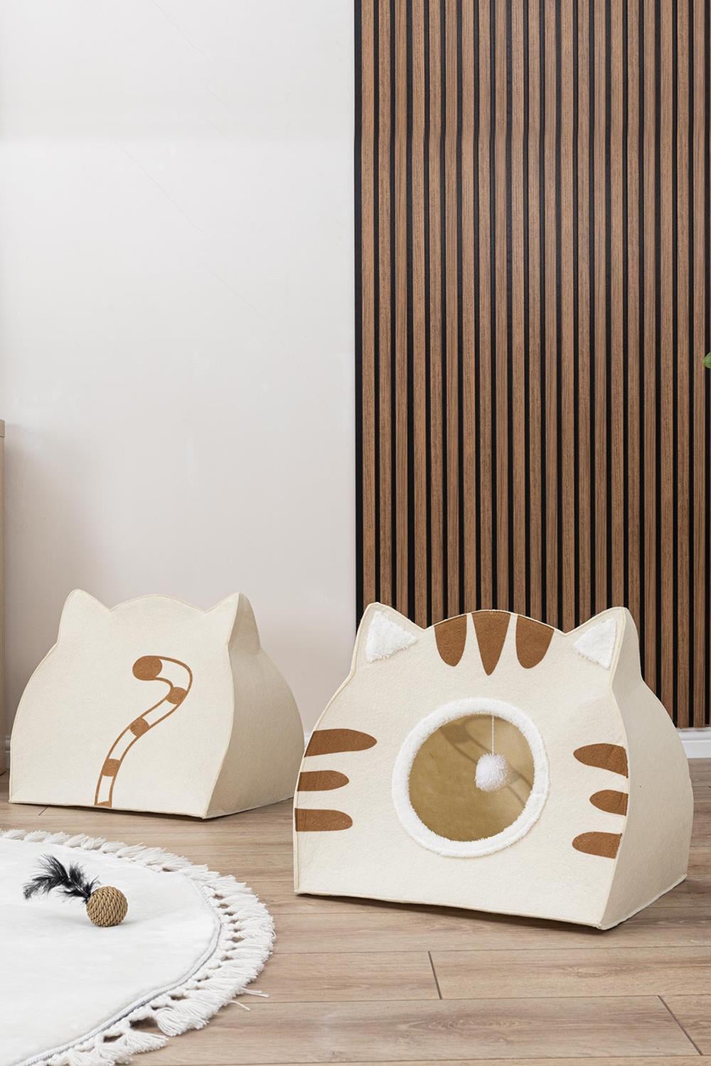 Taşınabilir Kedi Küçük Irk Köpek Evi Yuvası Ergonomik Yatak Keçe Krem 44x50x34cm