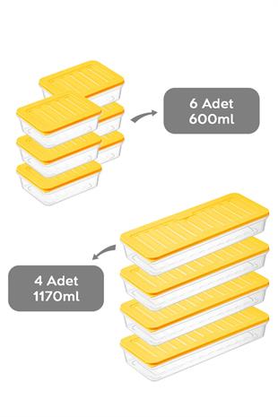 10lu Mikrodalga Uyumlu Saklama Kabı,erzak Kabı Sarı 4 X 1170 ml - 6 X 600ml