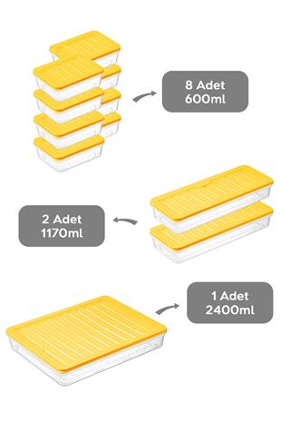 11li Buzdolabı Organizer Mikrodalga Ve Difrize Uygun Saklama Kabı 1x2400ml - 2x1170ml - 8x600ml