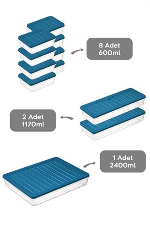 11li Mikrodalga Uyumlu Saklama Kabı, Erzak Kabı 1x2400ml - 2x1170ml - 8x600ml
