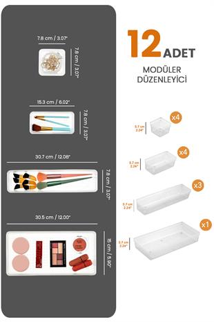 12li Dolap İçi Takı Makyaj Organizer - Çekmece İçi Düzenleyici Set Şeffaf