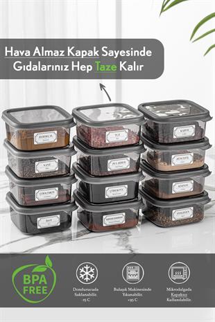 12li Etiketli Kapaklı Kare Erzak Saklama Kabı Seti Baharatlık Seti 300 ml