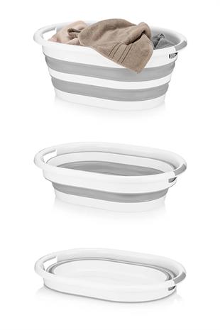2 Gözlü Çamaşır Sepeti Çok Amaçlı Hurç Gri 53x33x60cm-25lt Katlanır Çamaşır Selesi 6lt Kova 3lü Set
