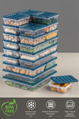 22 Parça Saklama Kabı , Mikrodalga Uyumlu Saklama Kabı 2x2400Ml 2x1200Ml 6x1170Ml 12x600Ml Petrol