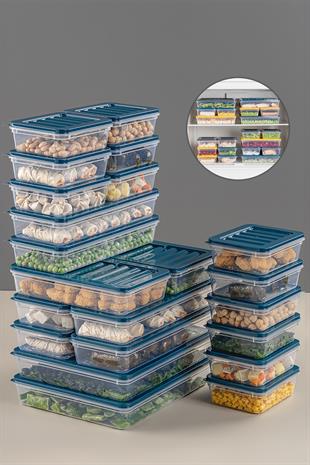 22 Parça Saklama Kabı , Mikrodalga Uyumlu Saklama Kabı 2x2400Ml 2x1200Ml 6x1170Ml 12x600Ml Petrol