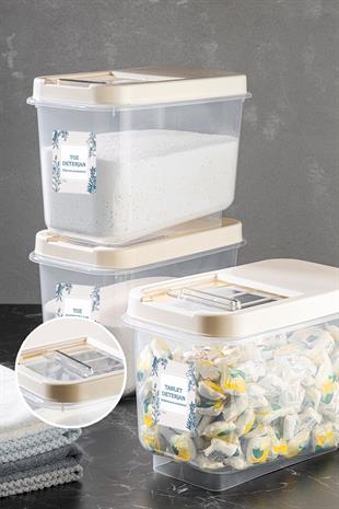 3lü 10 Lt Kayar Kapaklı Tablet Deterjan Saklama Kutusu - Etiketli Deterjan Saklama Kabı 