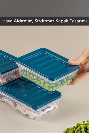 3lü Buzdolabı Organizer Mikrodalga Ve Difrize Uygun Saklama Kabı Petrol 1 X 1170ml - 2 X 600ml