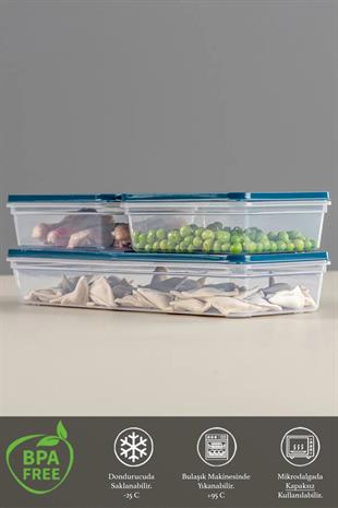 3lü Buzdolabı Organizer Mikrodalga Ve Difrize Uygun Saklama Kabı Petrol 1 X 1170ml - 2 X 600ml