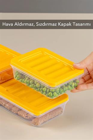 3lü Saklama Kabı , Mikrodalga Uyumlu Erzak Saklama Kabı Sarı 1 X 1170ml - 2 X 600ml