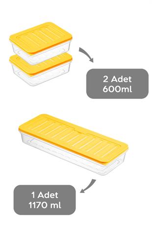 3lü Saklama Kabı , Mikrodalga Uyumlu Erzak Saklama Kabı Sarı 1 X 1170ml - 2 X 600ml