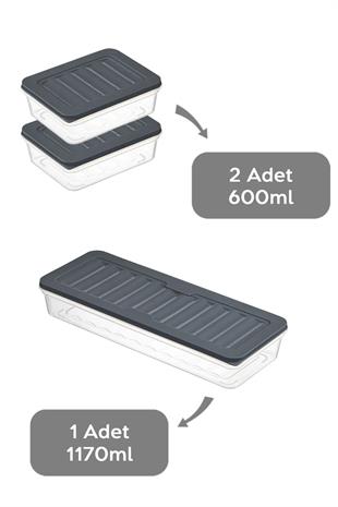 3lü Saklama Kabı , Mikrodalga Uyumlu Saklama Kabı Antrasit 1 X 1170 ml - 2 X 600ml