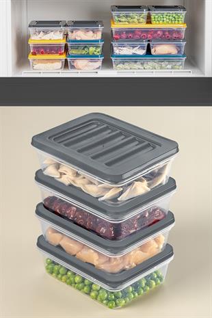 4lü Buzdolabı Organizer Mikrodalga Ve Difrize Uygun Saklama Kabı Antrasit 4 X 600 ml
