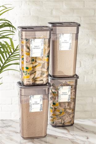4lü Sürgülü Kapaklı Tablet Deterjan Saklama Kabı Seti - Etiketli Dikdörtgen Saklama Kutusu 4x3,2 Lt