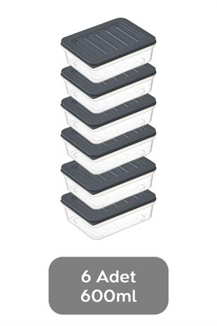 6lı Buzdolabı Organizer Mikrodalga Ve Difrize Uygun Saklama Kabı Antrasit 6 X 600 ml