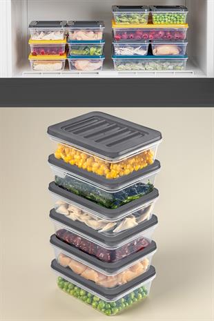 6lı Buzdolabı Organizer Mikrodalga Ve Difrize Uygun Saklama Kabı Antrasit 6 X 600 ml