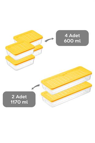 6lı Saklama Kabı , Mikrodalga Uyumlu Erzak Saklama Kabı Sarı 2 X 1170 ml - 4 X 600 ml