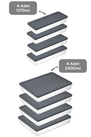 8li Saklama Kabı , Mikrodalga Uyumlu Erzak Saklama Kabı Antrasit 4x2400 Ml- 4x1170 ml