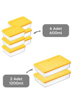 8li Saklama Kabı , Mikrodalga Uyumlu Erzak Saklama Kabı Sarı 2 X 1200 ml - 6 X 600 ml